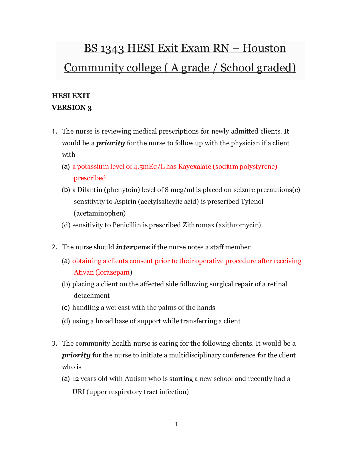 Preview of BS 1343 HESI Exit Exam RN - Houston Community College ( A Grade)